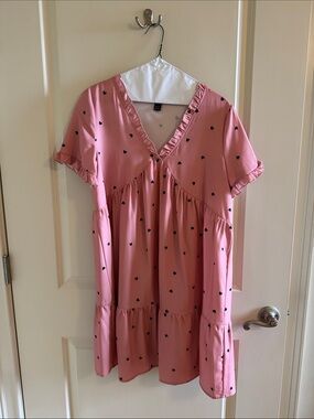 SHEIN Pink Heart-Print Ruffle Babydoll Dress. Medium